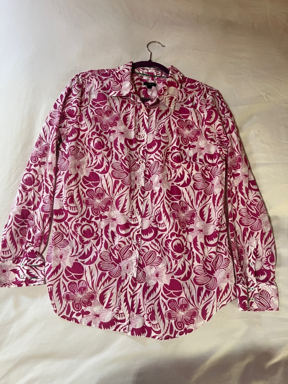 Talbots White and Pink Floral Button-Front Blouse, size Large